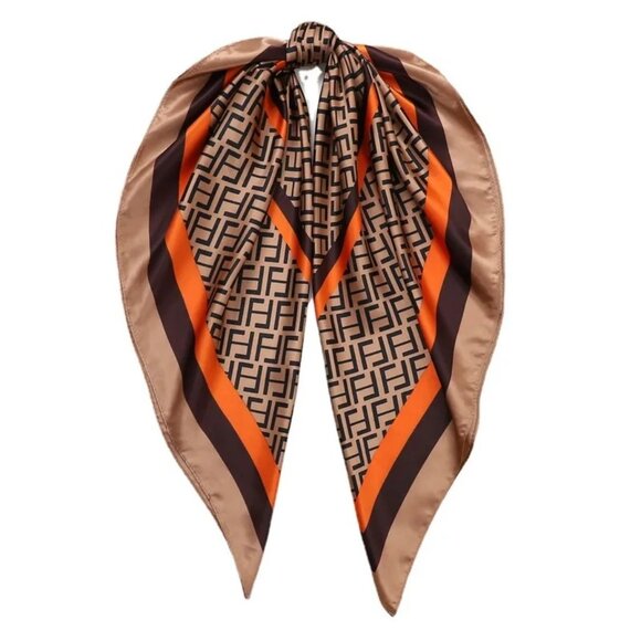 2/$30 NEW Black Copper Orange Geometric Printed Silky Fashion Scarf - Picture 3 of 4